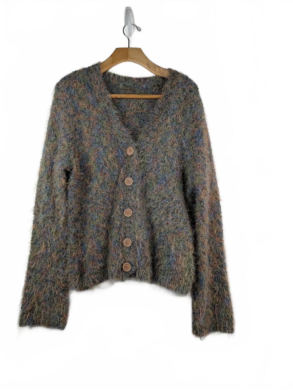 Multicolored Shaggy Eyelash Yarn Knit Cardigan with V-Neck and Buttons Small